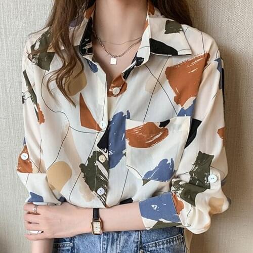 Blouse Women 2021 Long Sleeve Women Blouses Shirts Turn Down Collar Print Chiffon Blouse Shirt Women Tops Blusas Mujer D403