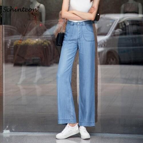 Schinteon Tencel Jeans Women High Waist Casual Straight Pants Loose Denim Full Length Comfortable Trousers Pockets