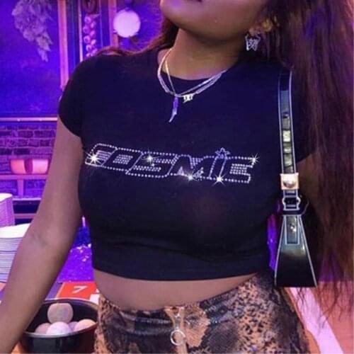 Bling Drill Rhinestone Cosmic Letters Y2K 2021 Summer Short Sleeve Crop Tops Women T-Shirts Slim Club Party Shiny Streetwear