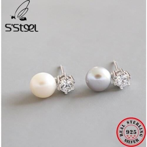 SSTEEL Natural Pearl Earrings For Women Zircon Stud Earring Sterling Silver 925 Earing Regalos Para Mujer Pendientes Plateados