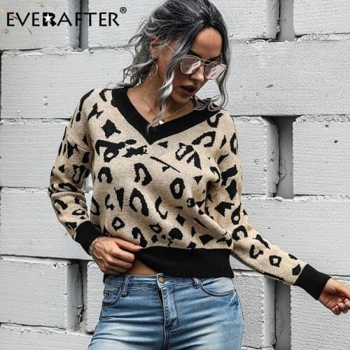 EVERAFTER Chic Autumn Winter basic sweater women pullovers V-neck Leopard knitted slim pullover female vintage khaki sweater