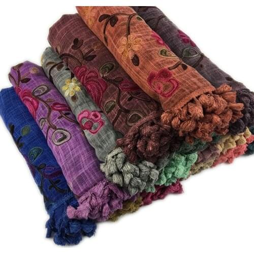 Womens Cotton Hijab Scarf Warm Embroider Soft Shawl Flower Tassel Fashion Muslim Headband Long Wraps Muffler Pashmina Bandana