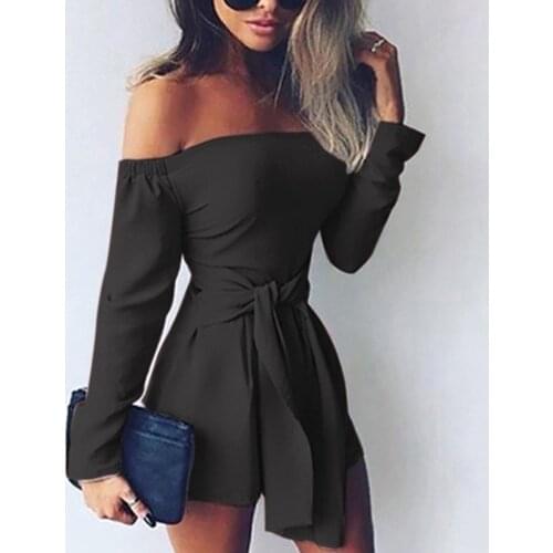 38# 2020 New Fashion Jumpsuit Womens Playsuit Summer Fashion Sexy Solid Bandage Off Shoulder Long Sleeve Easy Short Jumpsuit