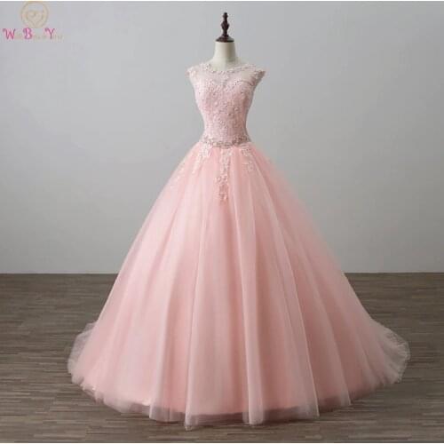 Vestidos De 15 Anos Ball Gown Pink Quinceanera Dresses 2020 Debutante Lace Appliques Pearl Crystal Sleeveless Keyhole Back