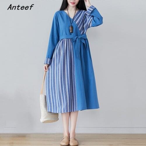 Long sleeve plus size cotton vintage stripe for women casual loose spring autumn dress elegant clothes 2021 ladies dresses