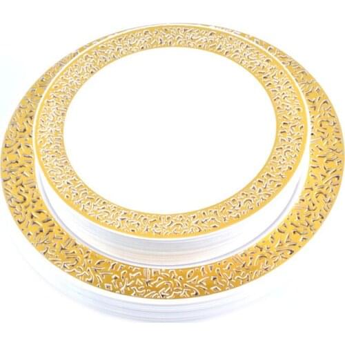 25pcs Gold Disposable Plastic Dishes Lace Design Wedding Party Dinner Plates Rose Golden Lace Salad Dessert Serving Tray 7.5