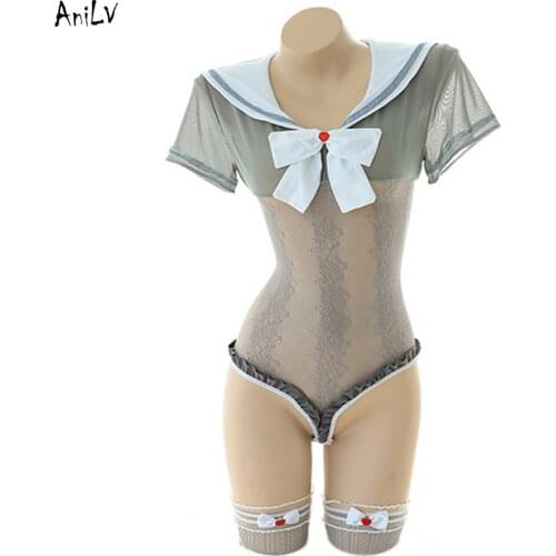 AniLV Anime Girl Lace Ruffle Sailor Bodysuit Swimsuit Uniform Costume Japanese Student Swimwear Pool Party Cosplay
