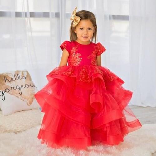 Ball Gown Flower Girl Dress Lace Organza Baby Girls Birthday Party Dresses Cap Sleeves Puffy First Communion Dress