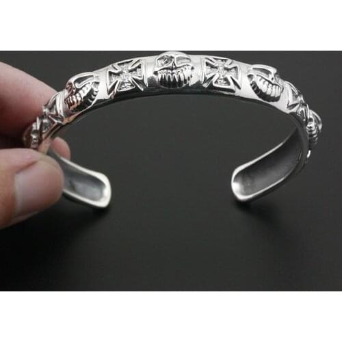 925 Sterling Silver Cross SKull Bangle Mens Biker Rock Punk Bangle 9A007 Fit 6.5 ~ 7.5 inches Wrist