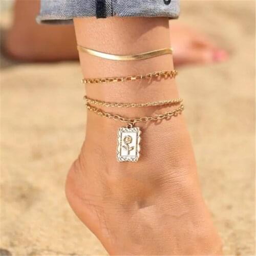 Multilayer Simple Link Chain Anklets For Women Bohemian Gold Color Flower Leg Ankle Anklet Bracelet Beach Jewelry