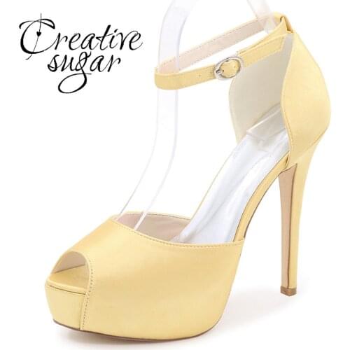 Creativesugar satin high heel platform D'orsay peep toe woman pumps ankle strap dress shoes party wedding prom heels gold silver