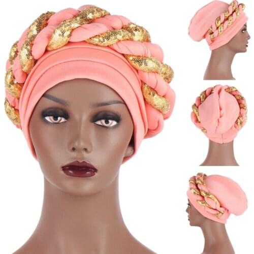 Women Muslim Elastic Hijab Turban Hat Glitter Sequins Double Twisted Braid Pre-Tied Head Wrap Islamic Bonnet Hair Cover Chemo Ca