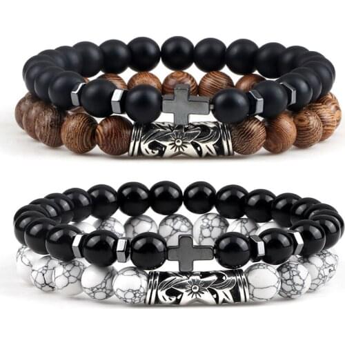Classic Alloy Cross 2pcs/set Beaded Bracelet Trendy Elastic Rope 8mm Natural Stone For Homme Femme Bracelets&Bangles Jewelry
