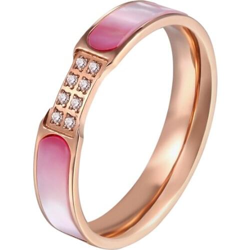 Super Beautiful And Noble Colored Shells And 4 Rows Zircon Ring For Women Stainless Steel Rose Gold Color Ring Love Couple Gift