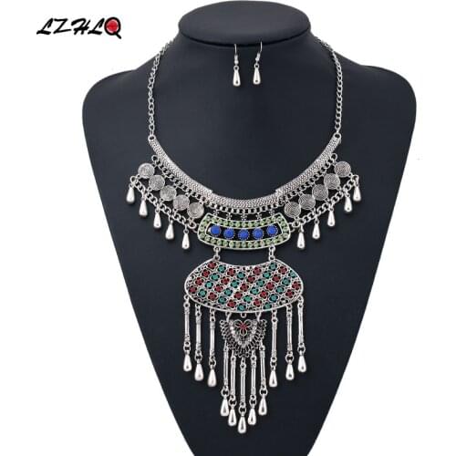 LZHLQ Vintage Multilayer Water Drop Tassel Necklaces 2020 Girl Maxi Mosaic Pendant Hollow Necklace Plated Carving Statement