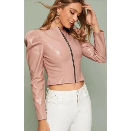 Fashion Women PU Jackets Casual Slim Coats for Ladies Spring Autumn Solid Zipper Coat Clothes Female Puff Sleeve Jacket Clothes