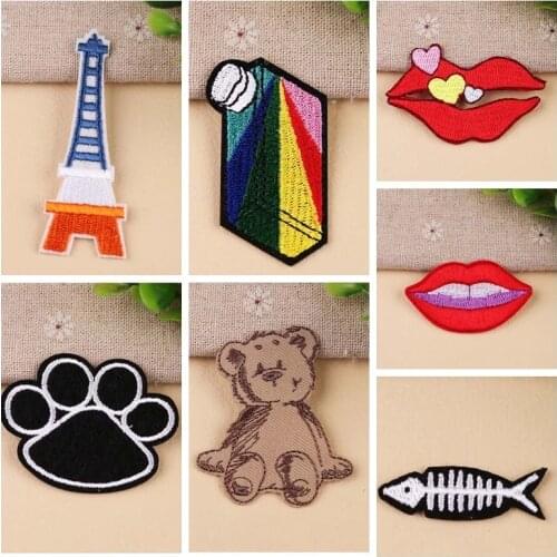 Cartoon Cloth Doll Bear Lips Appliques DIY Decoration Clothes Stickers Eiffel Tower Fishbone Footprint Embroidery Patches