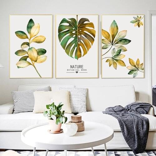 Nordic Golden Green Leaf Plant Wall Art Canvas Painting Quotes Poster Monstera Art Prints Modern Pictures Living Room Home Decor