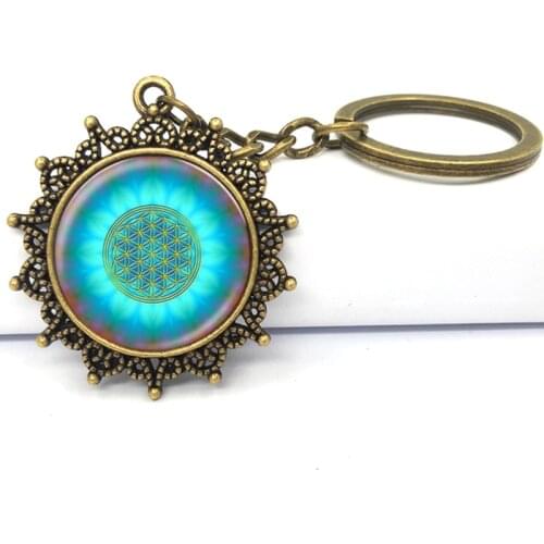 New Blue Flower Of Life Key Ring Art Glass Pendant Mandala Key Chain Sacred Geometry Keychain handmade Jewelry For Women Gifts