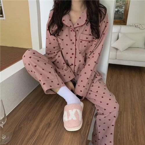 Fdfklak Cotton Pajama Sets Women Autumn Printed Loose Womens Sleepwear Soft Friends Fashion Girls Nightwear Pink/White