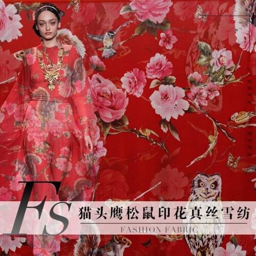 Lovely owl squirrel digital printed silk chiffon silk fabric dress fabric