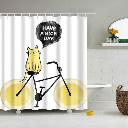 Yellow Cat Standing on Bicycle Pattern Digital Print White Shower Curtains for Bathroom Decor,Polyester Waterproof Fabric Bath