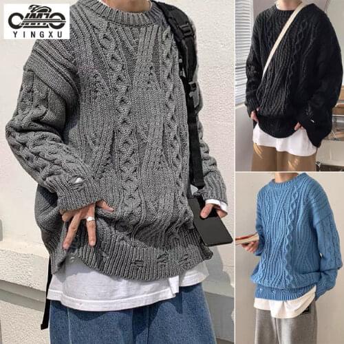 Winter Hong Kong wind twist sweater mens loose trend mens pullover sweater Korean coat line clothes mens