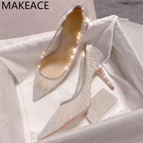 Women Summer mesh high heels leather pointed toe dress shoes fashion street ladies all-match party shoes Woman Sandals 2021New