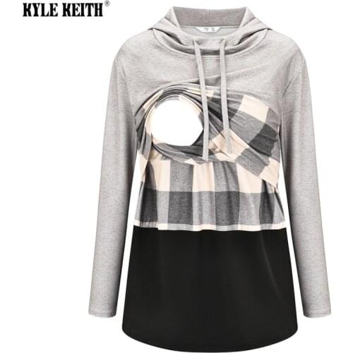 Womens Breastfeeding Maternity Nursing Hoodie Sweatshirt Long Sleeve Patchwork Plaid Pullover Top Pregnancy Clothing