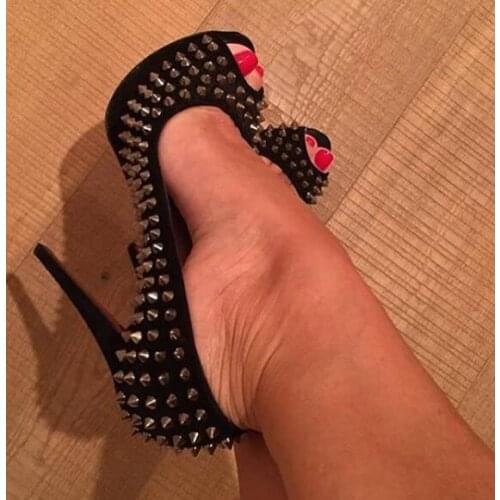 Moraima Snc Newest Rivets Studded High Heel Shoes Sexy 14cm Platform Pumps for Woman Slip on Party Dress Shoes Black Red