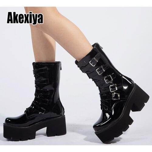 Winter Gothic Punk Womens Platform Boots Black Buckle Patent leather Creeper Wedges Shoes Mid Calf Military Combat Boots p496