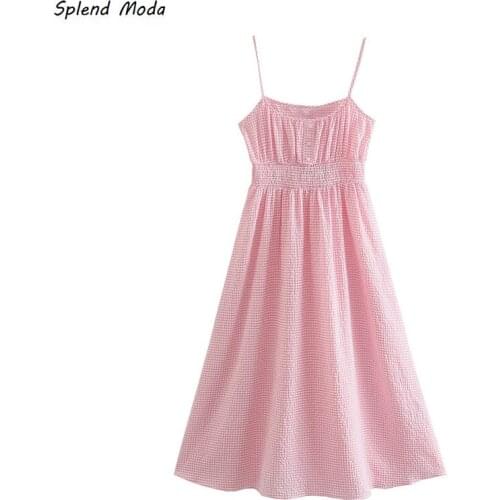 Splend Moda Sweet Pink Plaid Sweet O-Neck Suspender Women Summer New High Waist A-Line Folds Mid-Length Dresses Vestido Fashion