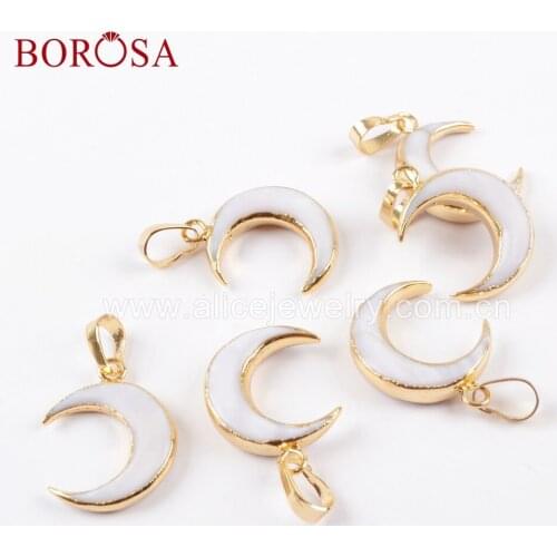 BOROSA 10pcs Gold Color Moon Shape Natural White Shell Pendant Gold Trim Crescent Shell Pendant for Necklace for Women G1668