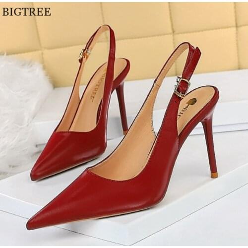 2021 Autumn Women Soft Leather Slingback Shoes Thin High Heels Ladies Office Dress Fashion Hollow Pointy Toe Woman Pumps Sandals