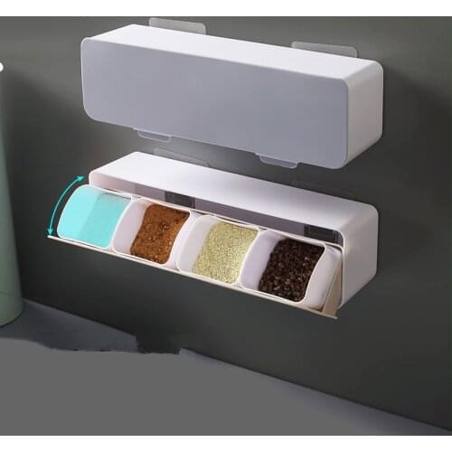 4 In 1 Non-Perforated Seasoning Box Kitchen Separated Seasoning Pot Moisture-Proof Wall Mounted Spice Jar