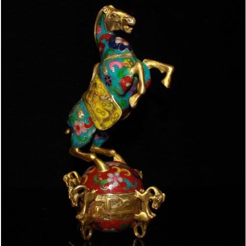 Antique Art Collection Crafts, Chinese Old Pure Copper Cloisonne Horse Sculpture,Home Decoration Metal Statue,Height 22.5CM