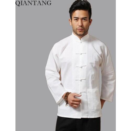 White Men Cotton Linen Long sleeve Kung Fu Shirt Classic Chinese Style Tang Clothing Size S M L XL XXL XXXL hombre Camisa Mim902