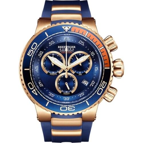 Reef Tiger Men Chronograph Watch,Mens Watches Sport 300M Waterproof Wristwatch Military Switzerland Sapphire Mirror Rubber Strap