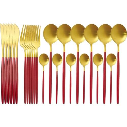 Matte Dinnerware 24PCS/Set 304 Stainless Steel Flatware Cutlery Red Gold Dinner Knife Fork Scoop Set Home Kitchen Tableware Set