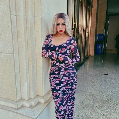 Fashion Mesh Draped Floral Dress 2020 New Arrivals Sexy V Neck Bodycon Long Sleeve High Street Celebrity Party Long Dresses