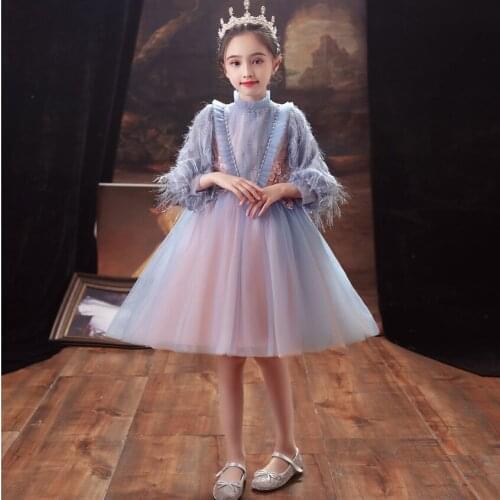 Baby Kids Elegant Autumn Winter Birthday Evening Party Princess Fluffy Dress Little Girls Teens Luxury Piano Costumes Host Dress