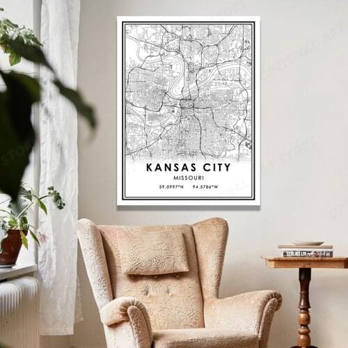 KANSAS Geographic Position Wall Art, Black White Colour Line Map Poster, Idea Gift
