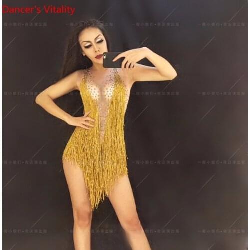 Nightclub Bar False Perspective Rhinestone Gold Tassel Body Suit Female Singer DJ DS Pole Jazz Performance Costume Dancewear Set
