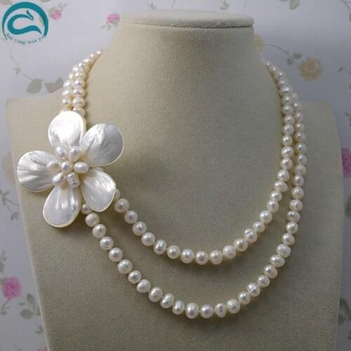 Unique Pearls jewellery Store Natural White 2rows Freshwater Pearl Shell Flower Necklace Perfect Women Wedding Birthday Gift