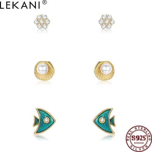 LEKANI 925 Sterling Silver Shell Pearl & Fish Stud Earring Set Round CZ Gold Color Small Earrings For Women Jewelry Gift