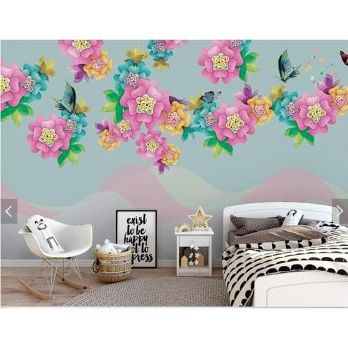 Nordic simplified three-dimensional hand painted flower butterfly background wall murals