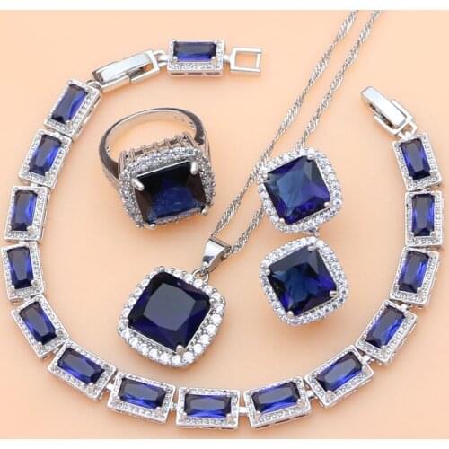 925 Silver Wedding Jewelry Sets Blue Cubic Zirconia White CZ Beads Decorations For Women Earrings/Pendant/Necklace/Ring/Bracelet