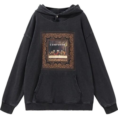 100% Cotton Jesus Print Retro Punk Hoodies Men Harajuku Sweatshirt Wash Black Hooded Pullover Vintage Clothes Moletom Masculino