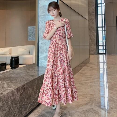 Summer Korean Fashion Dress Women Pink V-Neck Floral Chiffon Loose Skinny Vintage Sexy Party Evening Night Maxi Dresses Woman