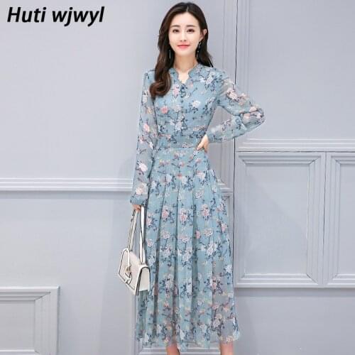 2021 Vintage Floral Chiffon Boho Beach Maxi Dress Plus Size Elegant Casual Midi Dress Autumn Winter Women Bodycon Party Vestidos